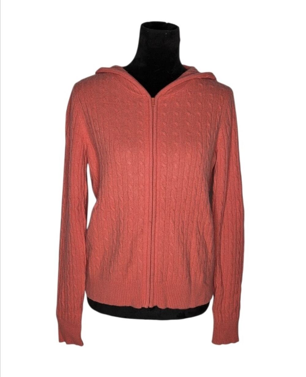 Chadwick's 100% Cashmere Cable Knit Zip Hooded Cardigan Sweater Salmon Casual M